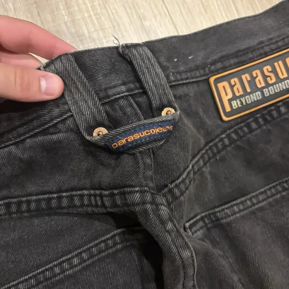 Vintage Parasuco Jeans Mens 34x30 Black Denim Baggy Dragon Embroidered Y2K JNCO